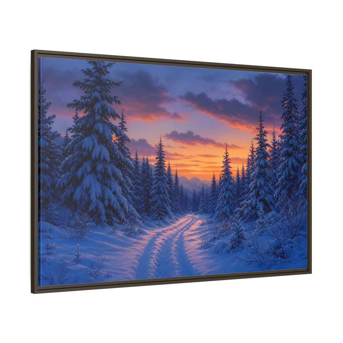 Nature Snowy Forest Sunset Framed Canvas Wall Art Print – Living Room Decor, Above Fireplace - YesArtYes