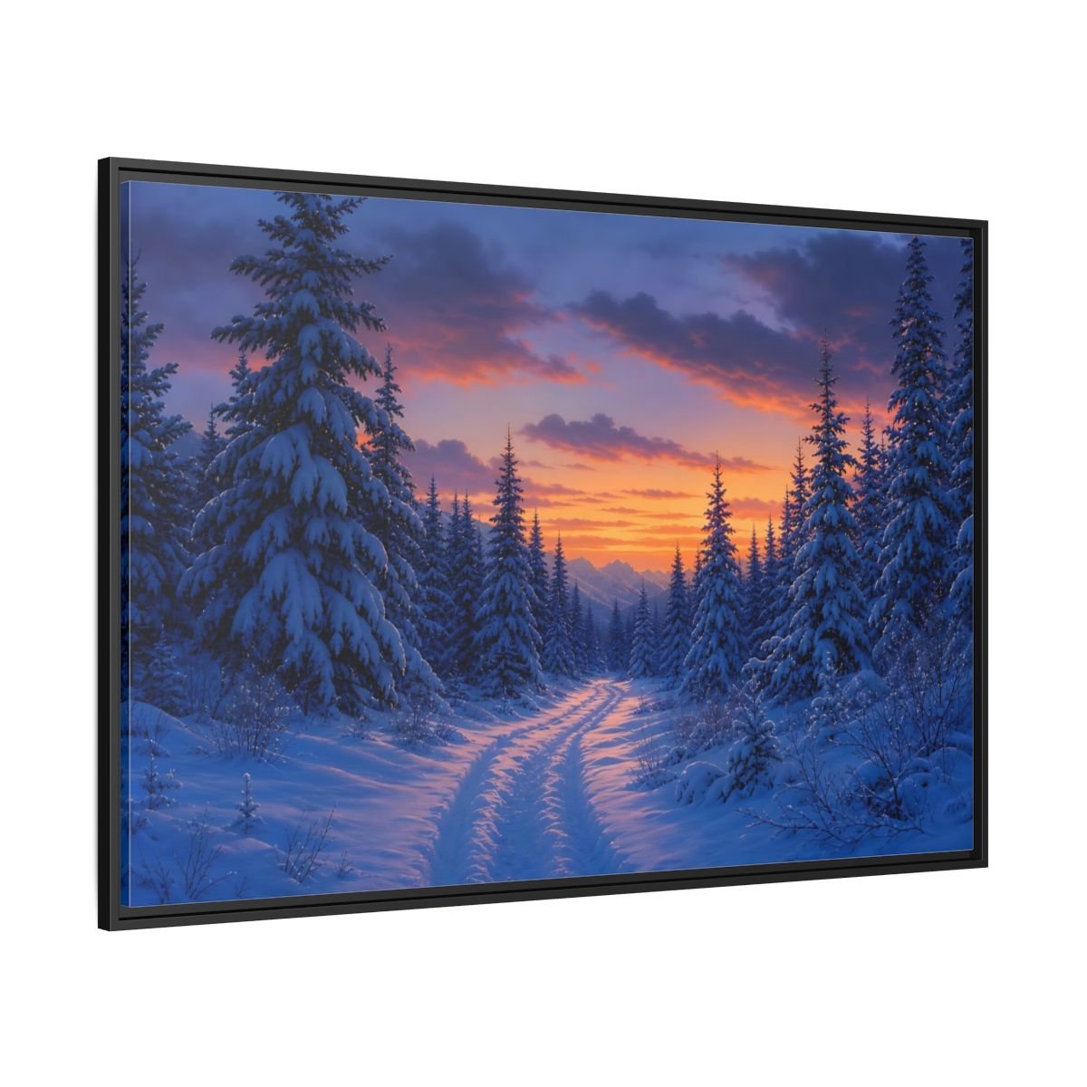 Nature Snowy Forest Sunset Framed Canvas Wall Art Print – Living Room Decor, Above Fireplace - YesArtYes