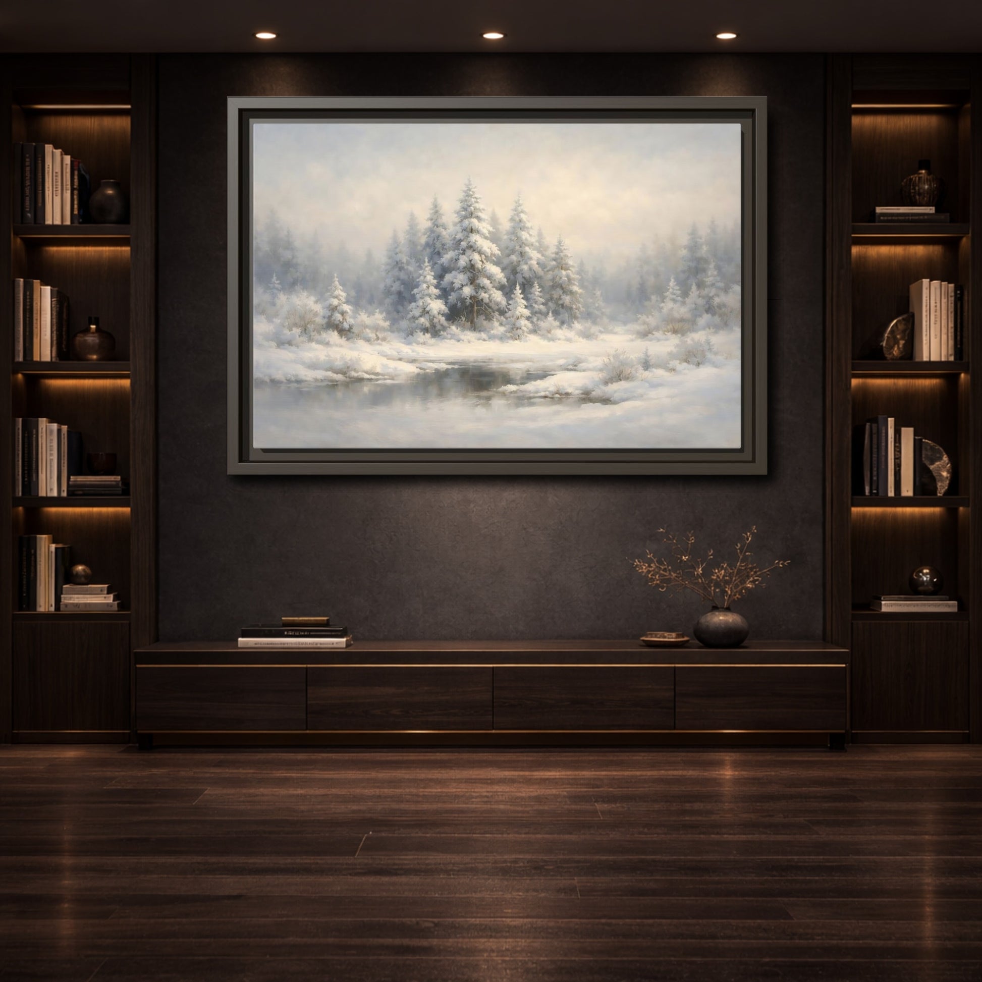 Mockup 3. Nature Snowy Forest White And Grey Winter shown as stretched canvas wall art