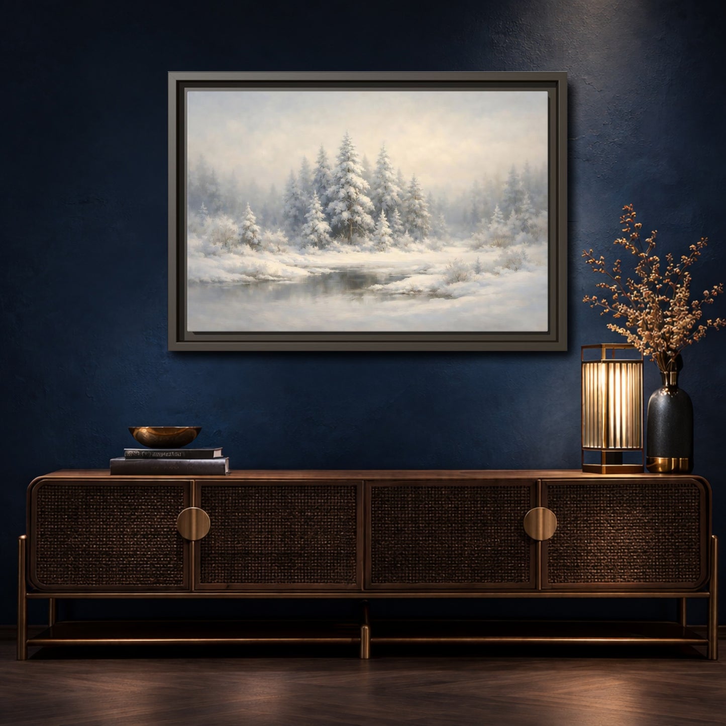 Mockup 4. Nature Snowy Forest White And Grey Winter shown as stretched canvas wall art