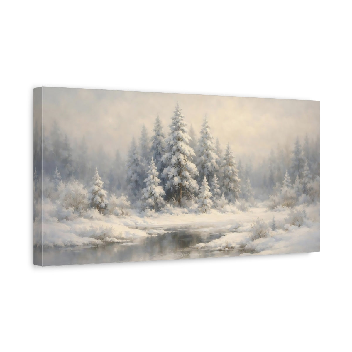 Side Mockup 3. Nature Snowy Forest White Winter Forest shown as stretched canvas wall art