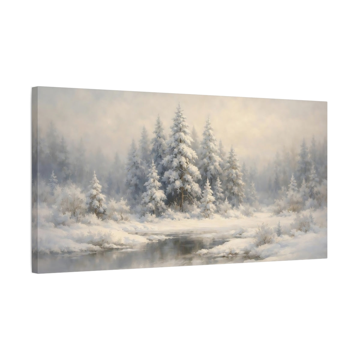Side Mockup 2. Nature Snowy Forest White Winter Forest shown as stretched canvas wall art