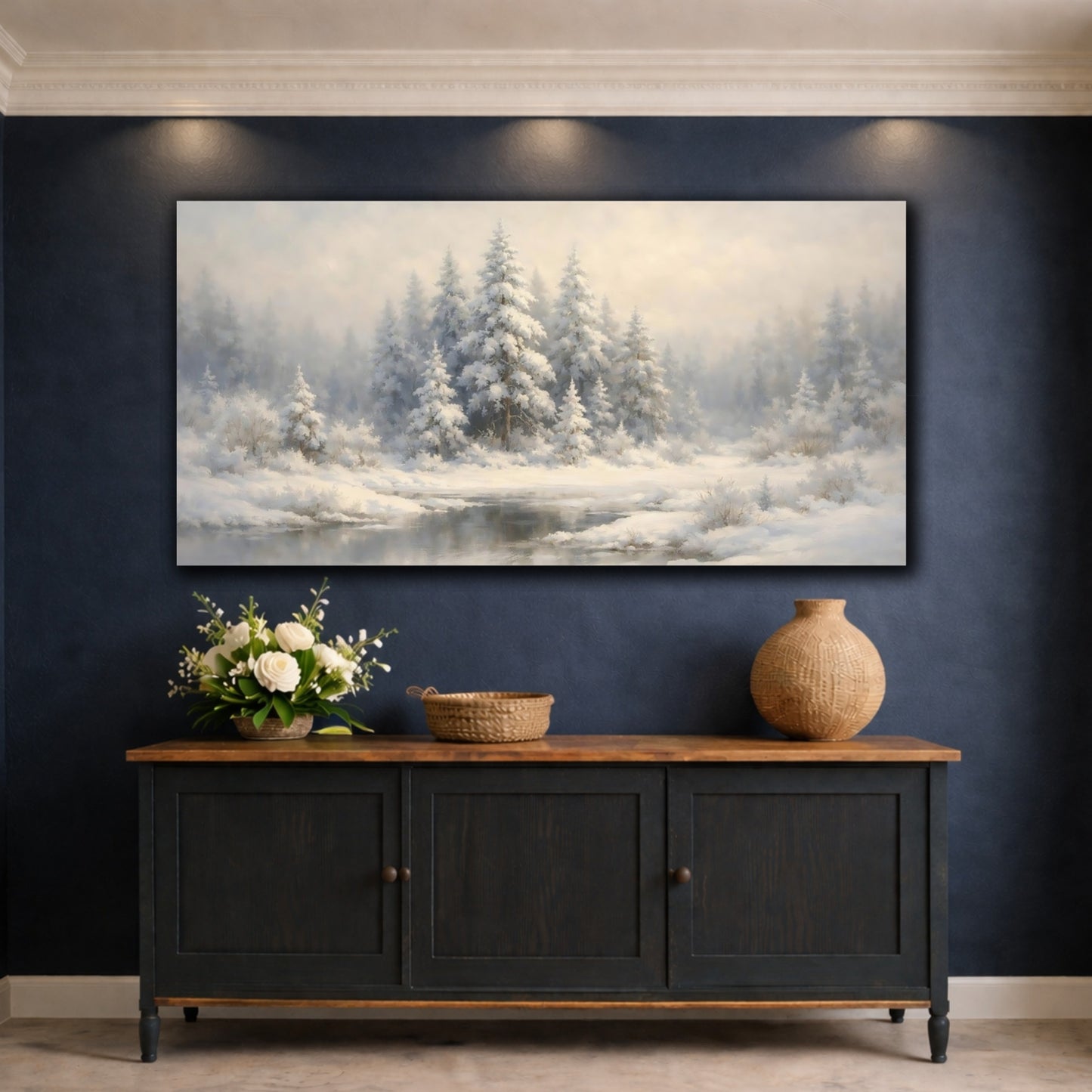 Mockup 4. Nature Snowy Forest White Winter Forest shown as stretched canvas wall art