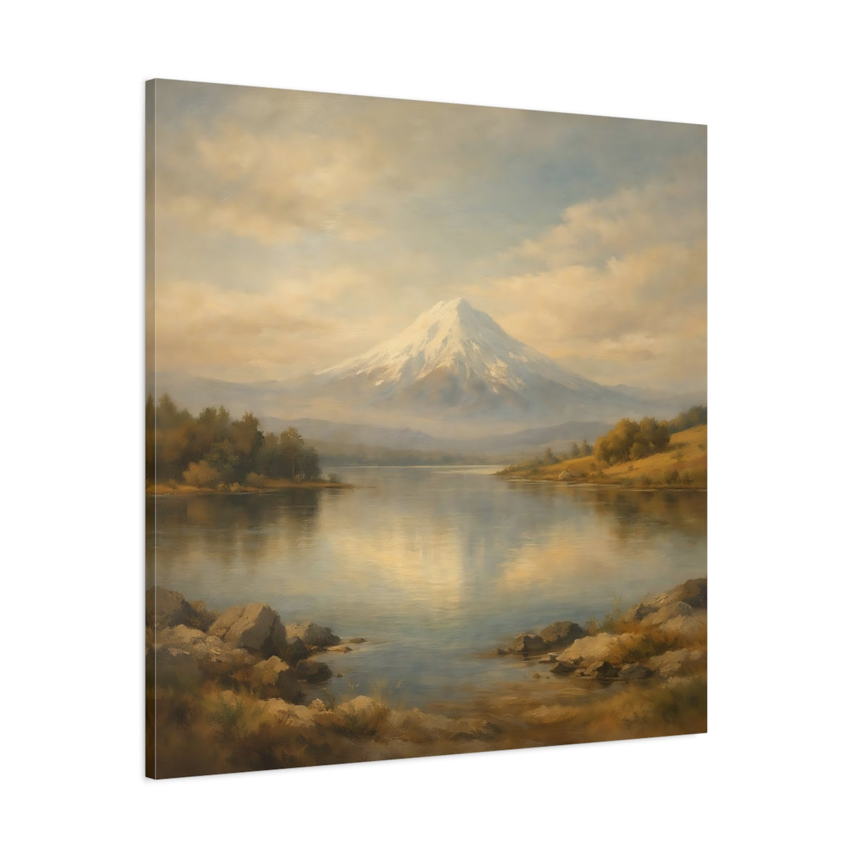 Main Mockup. Nature Snowy Mountain Beige Blue Mountain shown as stretched canvas wall art