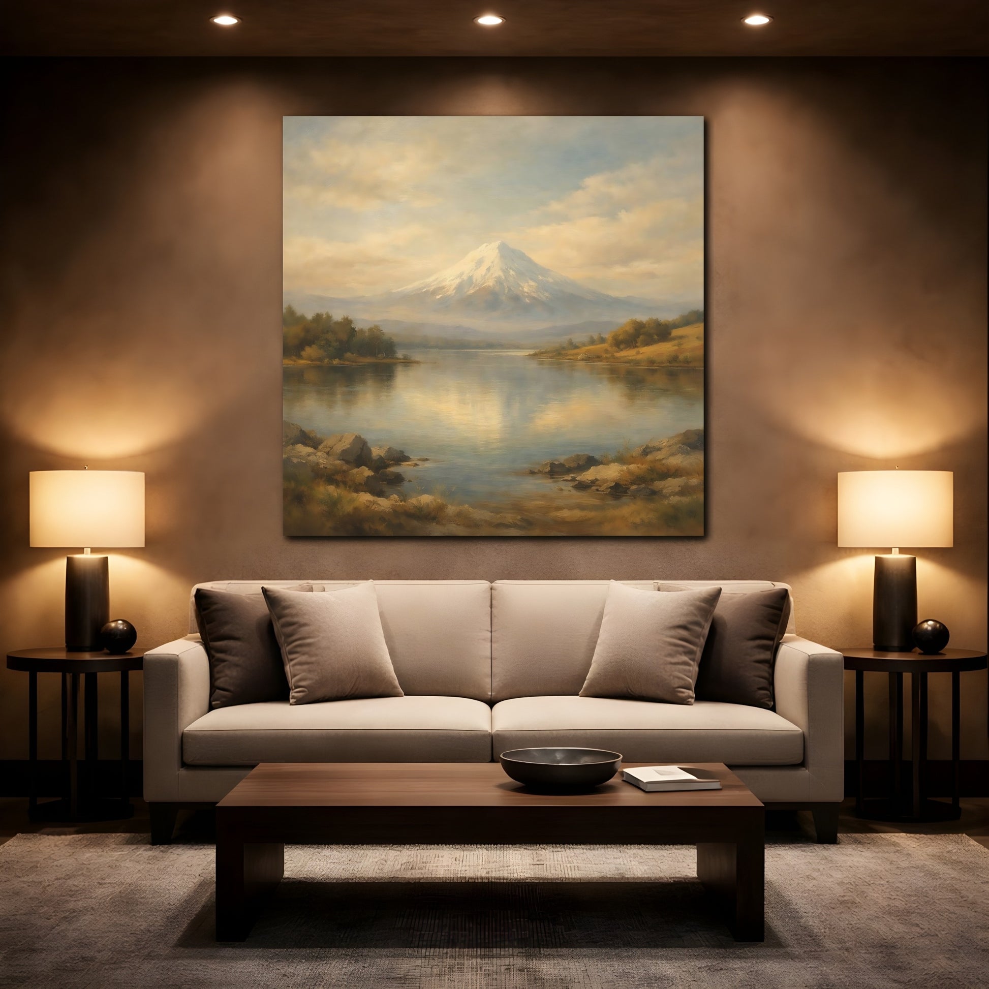 Mockup 2. Nature Snowy Mountain Beige Blue Mountain shown as stretched canvas wall art