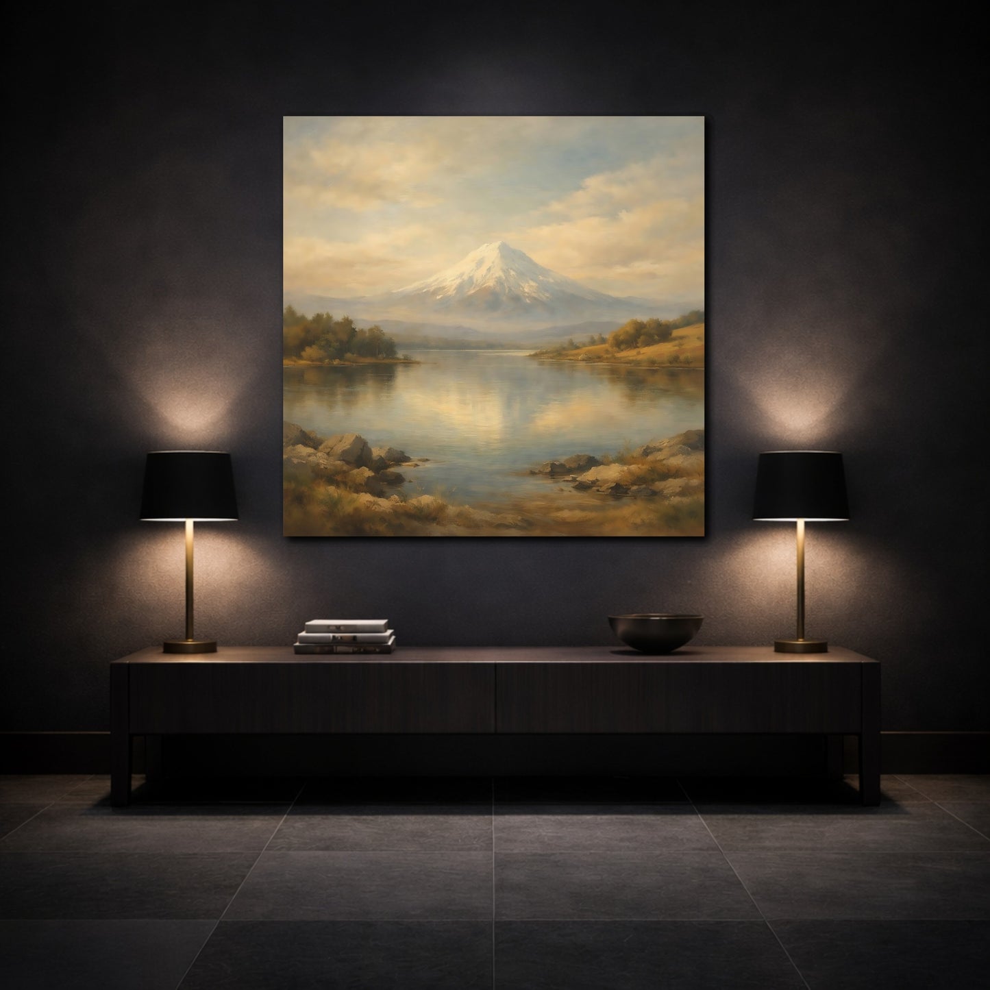 Mockup 3. Nature Snowy Mountain Beige Blue Mountain shown as stretched canvas wall art