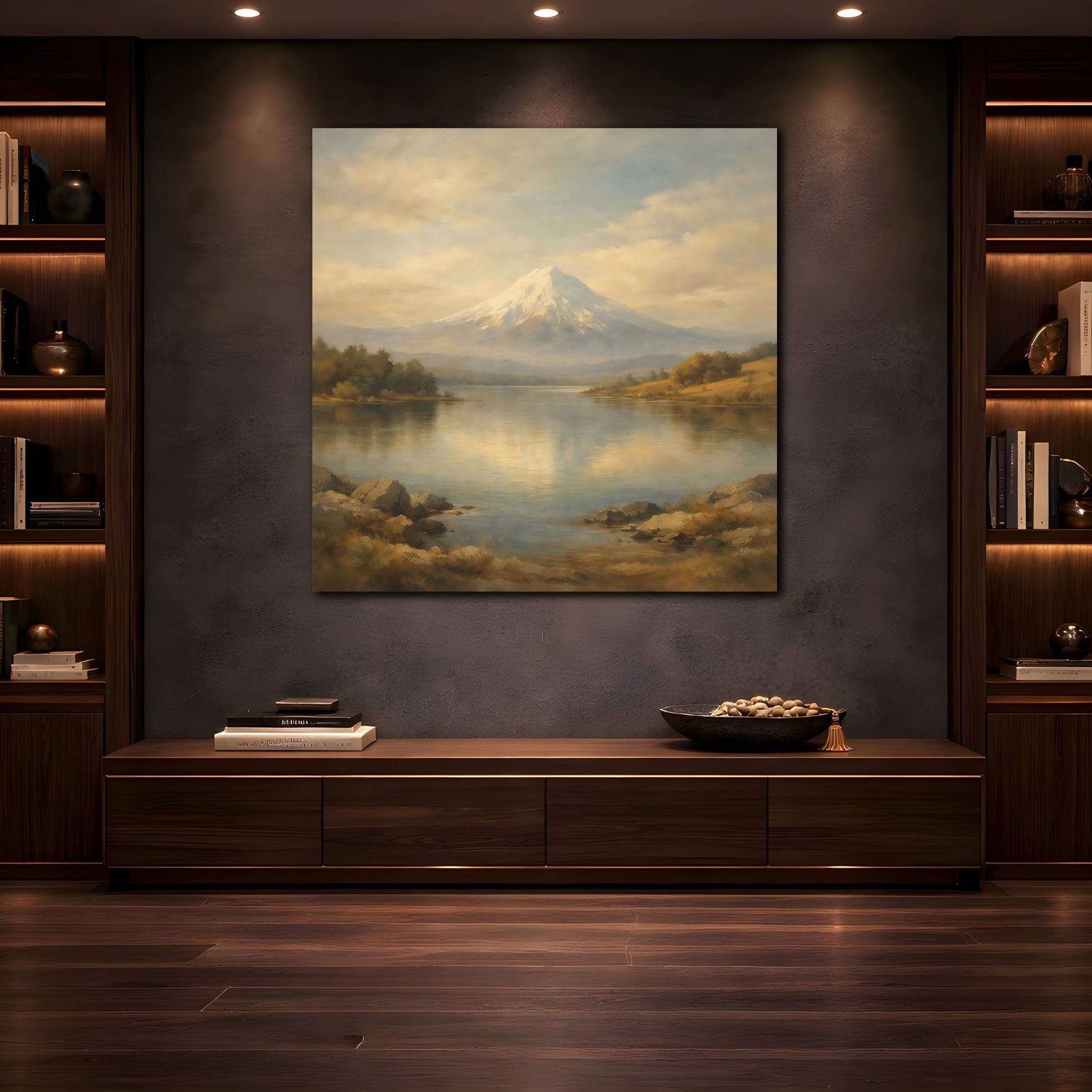 Mockup 4. Nature Snowy Mountain Beige Blue Mountain shown as stretched canvas wall art