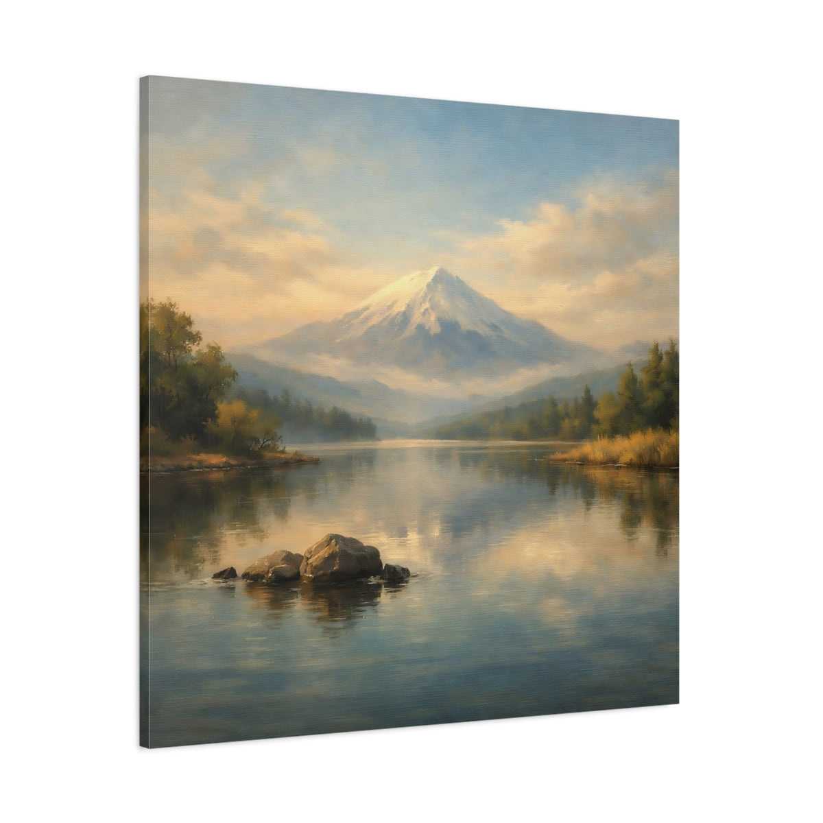 Main Mockup. Nature Snowy Mountain Blue And Gold shown as stretched canvas wall art