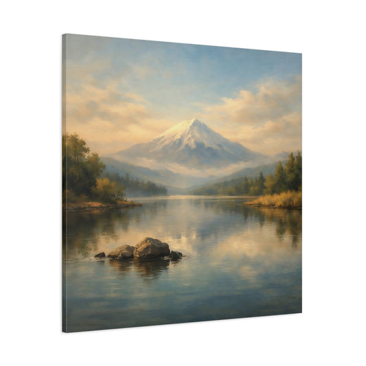Main Mockup. Nature Snowy Mountain Blue And Gold shown as stretched canvas wall art