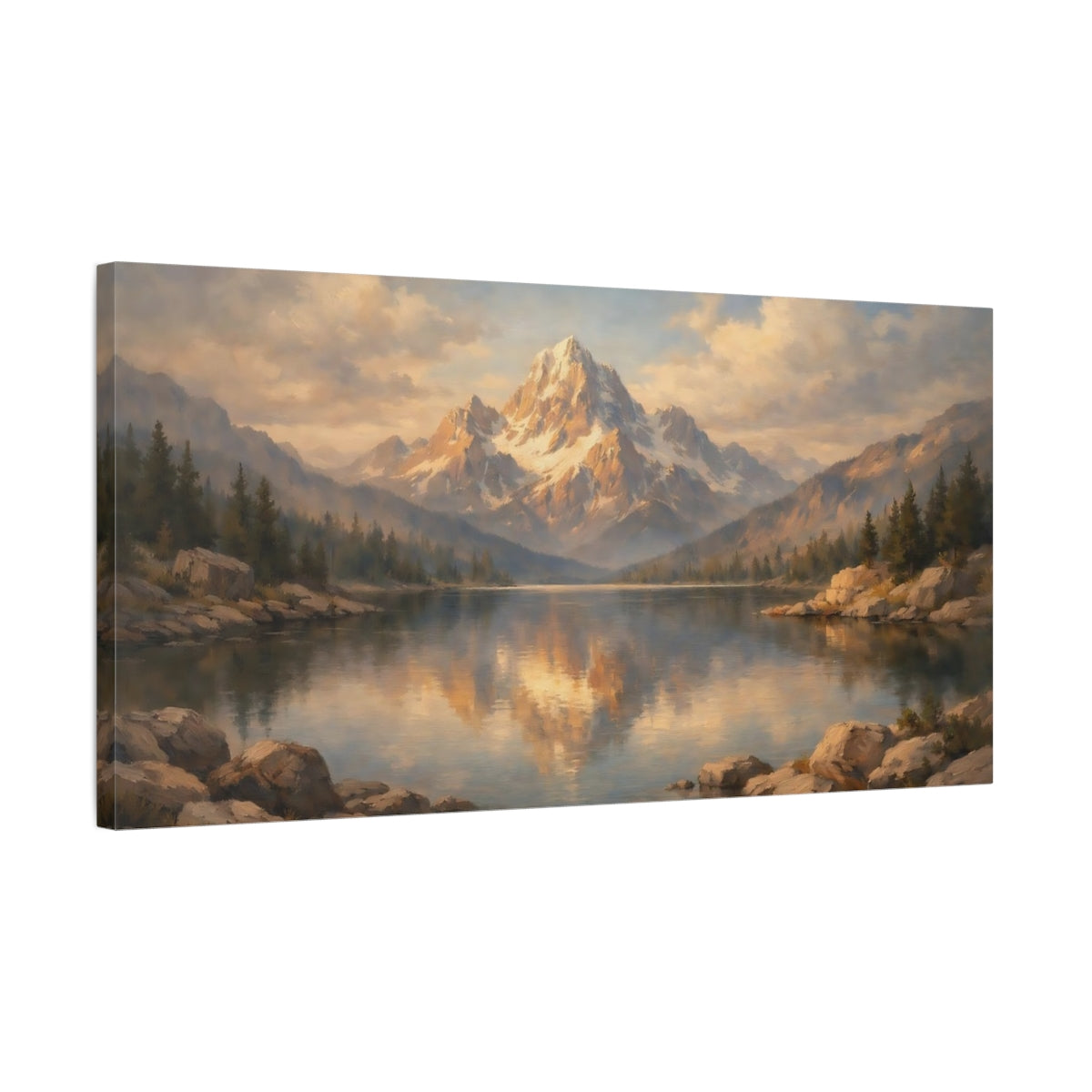 Side Mockup 2. Nature Snowy Mountain Blue And Gold Landscape shown as stretched canvas wall art