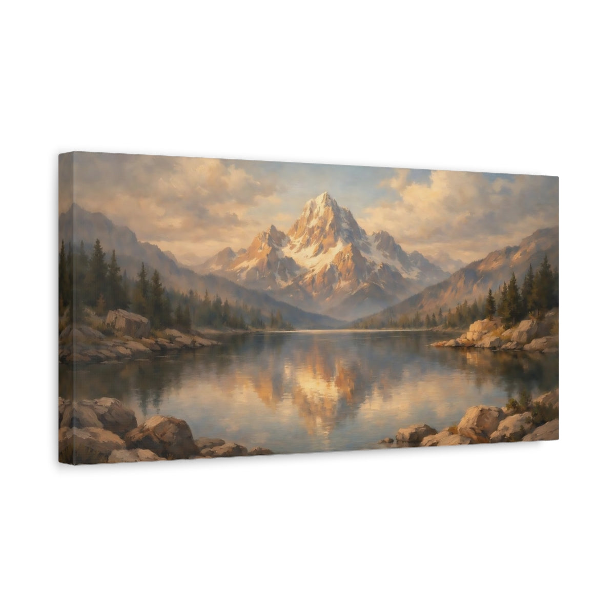 Side Mockup 3. Nature Snowy Mountain Blue And Gold Landscape shown as stretched canvas wall art