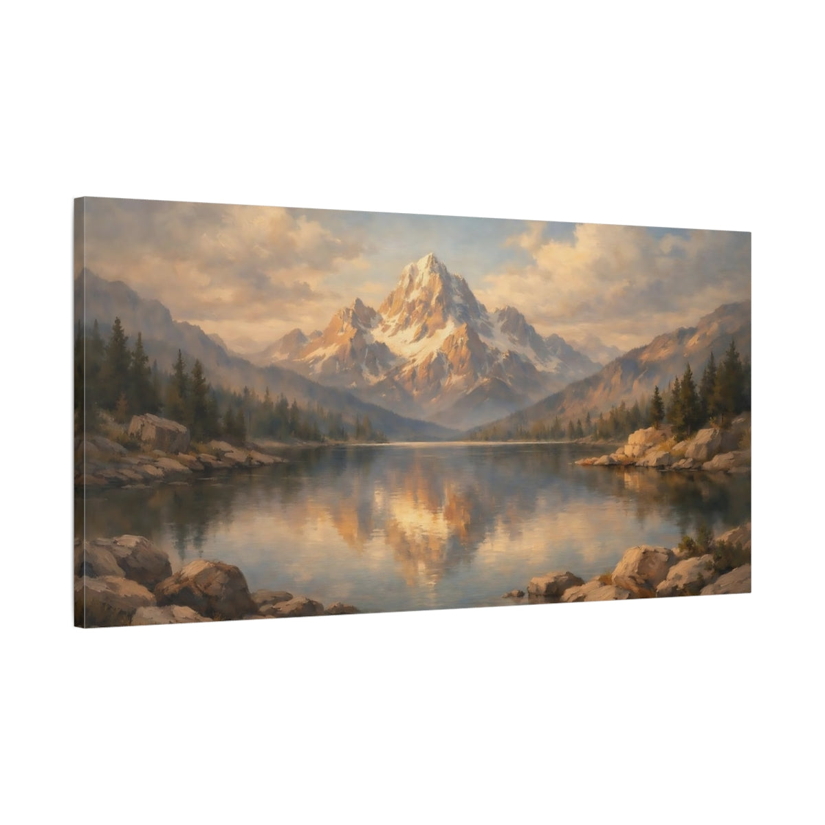 Side Mockup 1. Nature Snowy Mountain Blue And Gold Landscape shown as stretched canvas wall art
