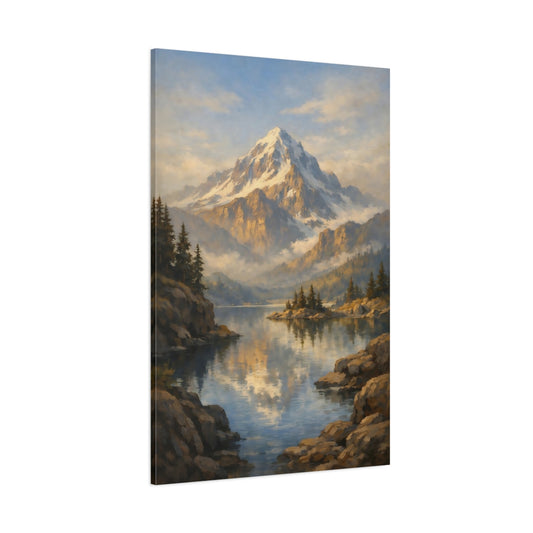 Main Mockup. Nature Snowy Mountain Blue And Gold Landscape shown as stretched canvas wall art