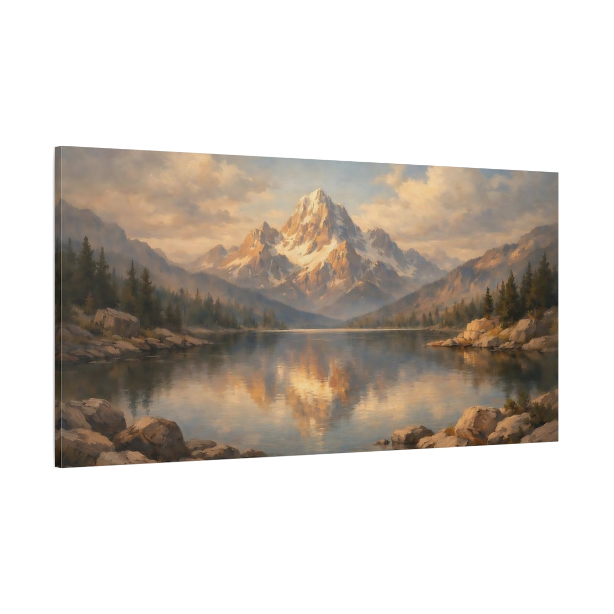 Main Mockup. Nature Snowy Mountain Blue And Gold Landscape shown as stretched canvas wall art