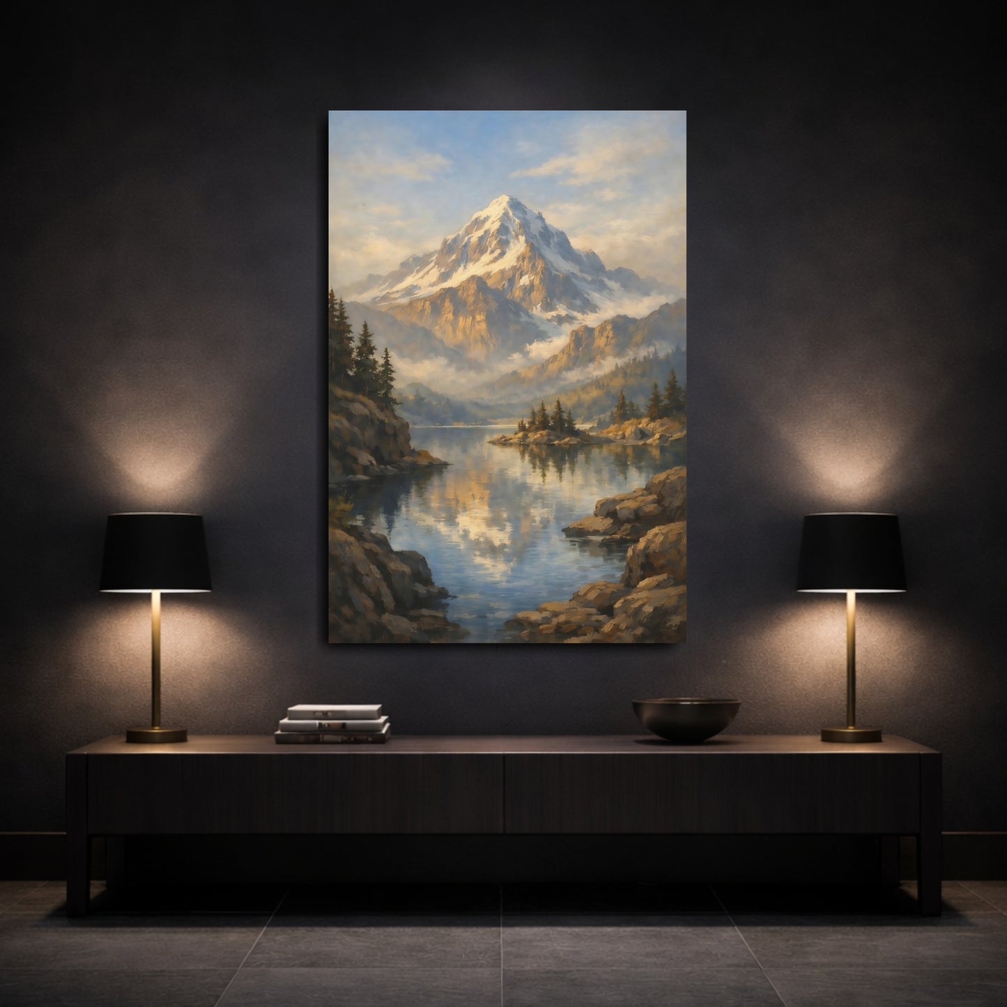Mockup 2. Nature Snowy Mountain Blue And Gold Landscape shown as stretched canvas wall art