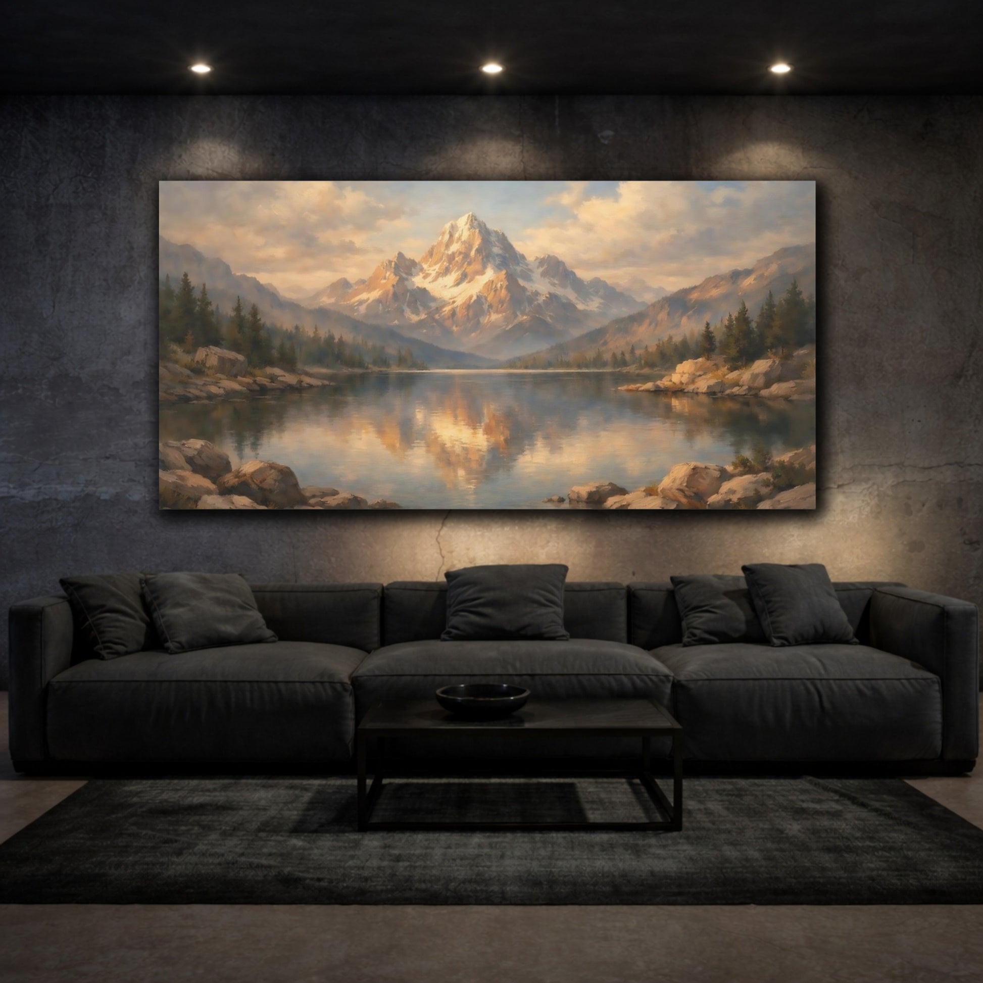 Mockup 2. Nature Snowy Mountain Blue And Gold Landscape shown as stretched canvas wall art