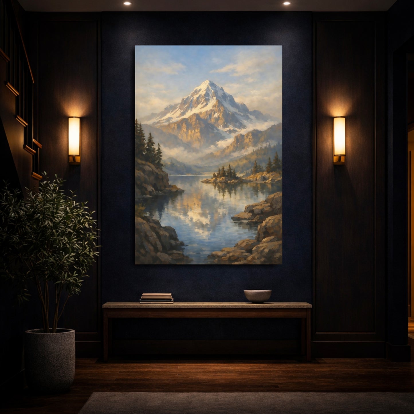 Mockup 3. Nature Snowy Mountain Blue And Gold Landscape shown as stretched canvas wall art