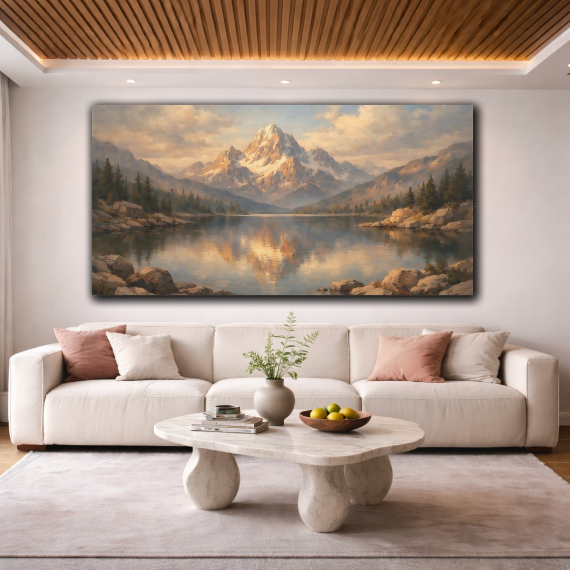 Mockup 3. Nature Snowy Mountain Blue And Gold Landscape shown as stretched canvas wall art