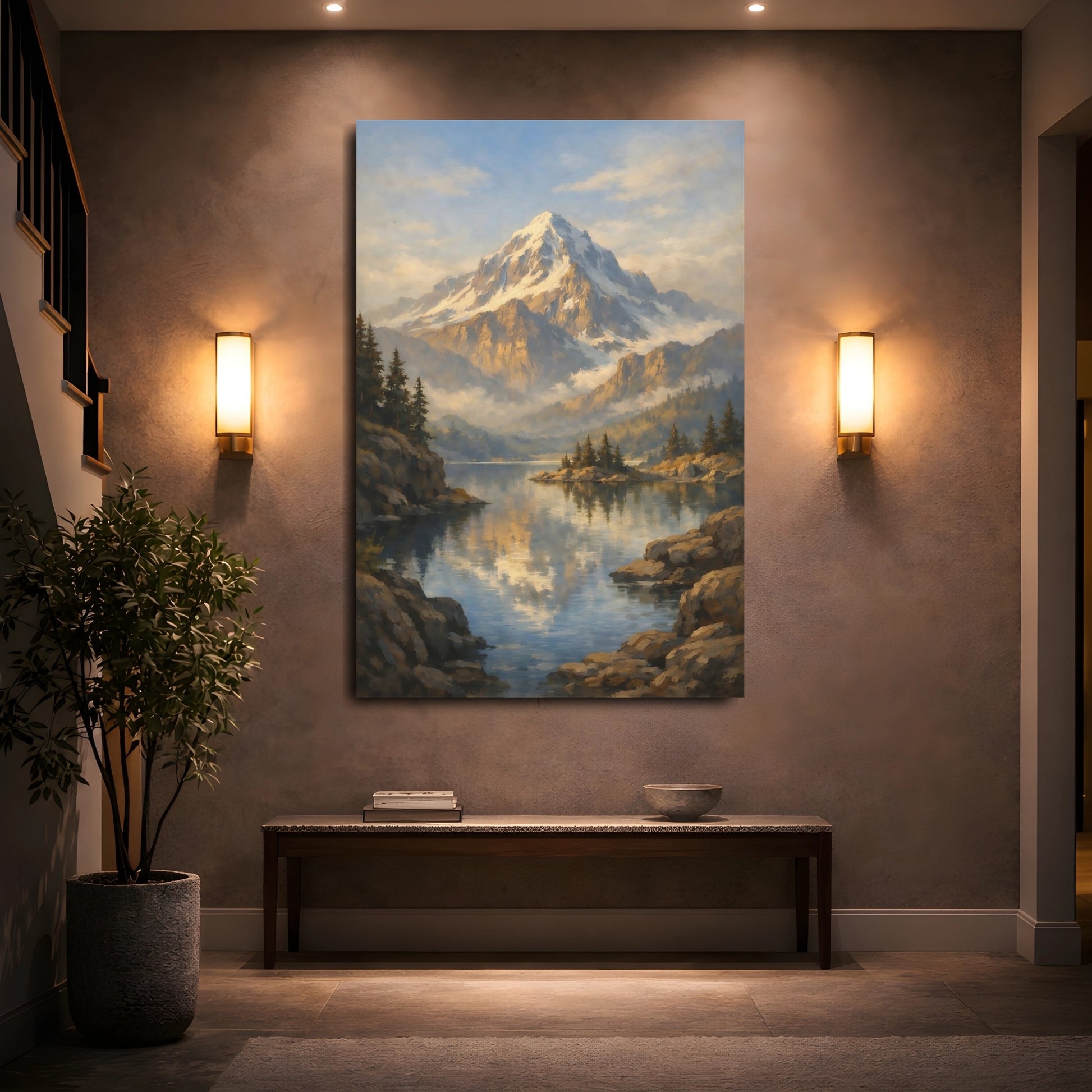 Mockup 4. Nature Snowy Mountain Blue And Gold Landscape shown as stretched canvas wall art