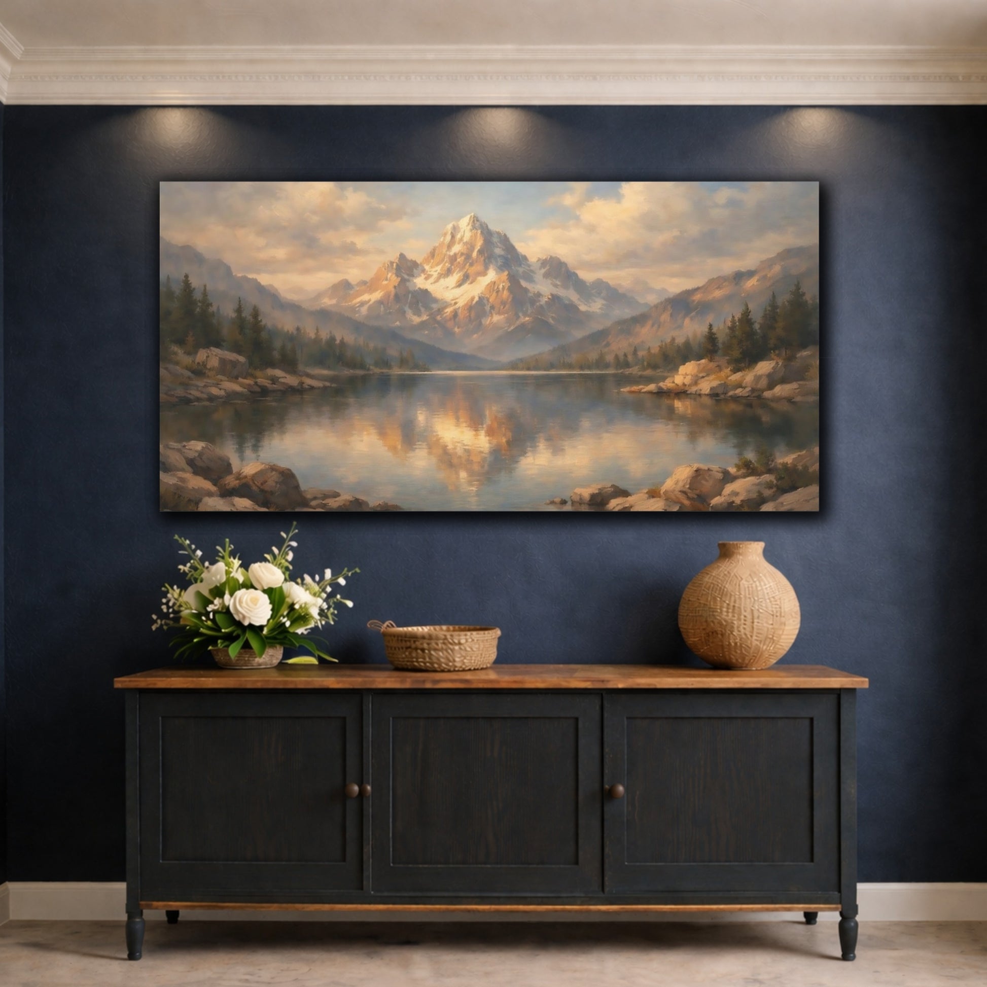 Mockup 4. Nature Snowy Mountain Blue And Gold Landscape shown as stretched canvas wall art