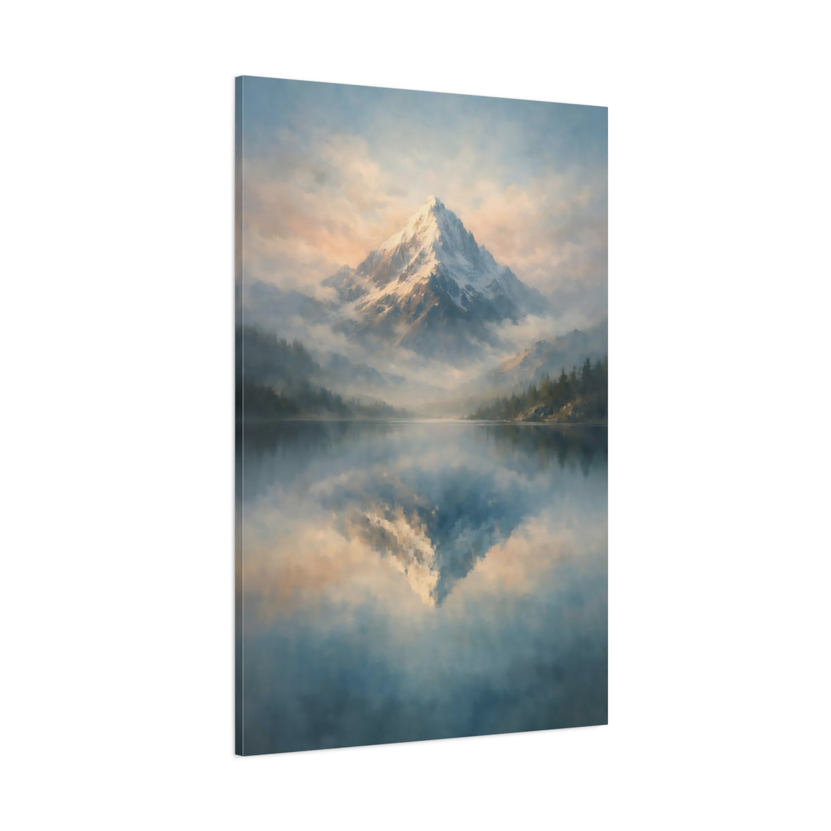 Main Mockup. Nature Snowy Mountain Blue And Gold Mountain shown as stretched canvas wall art