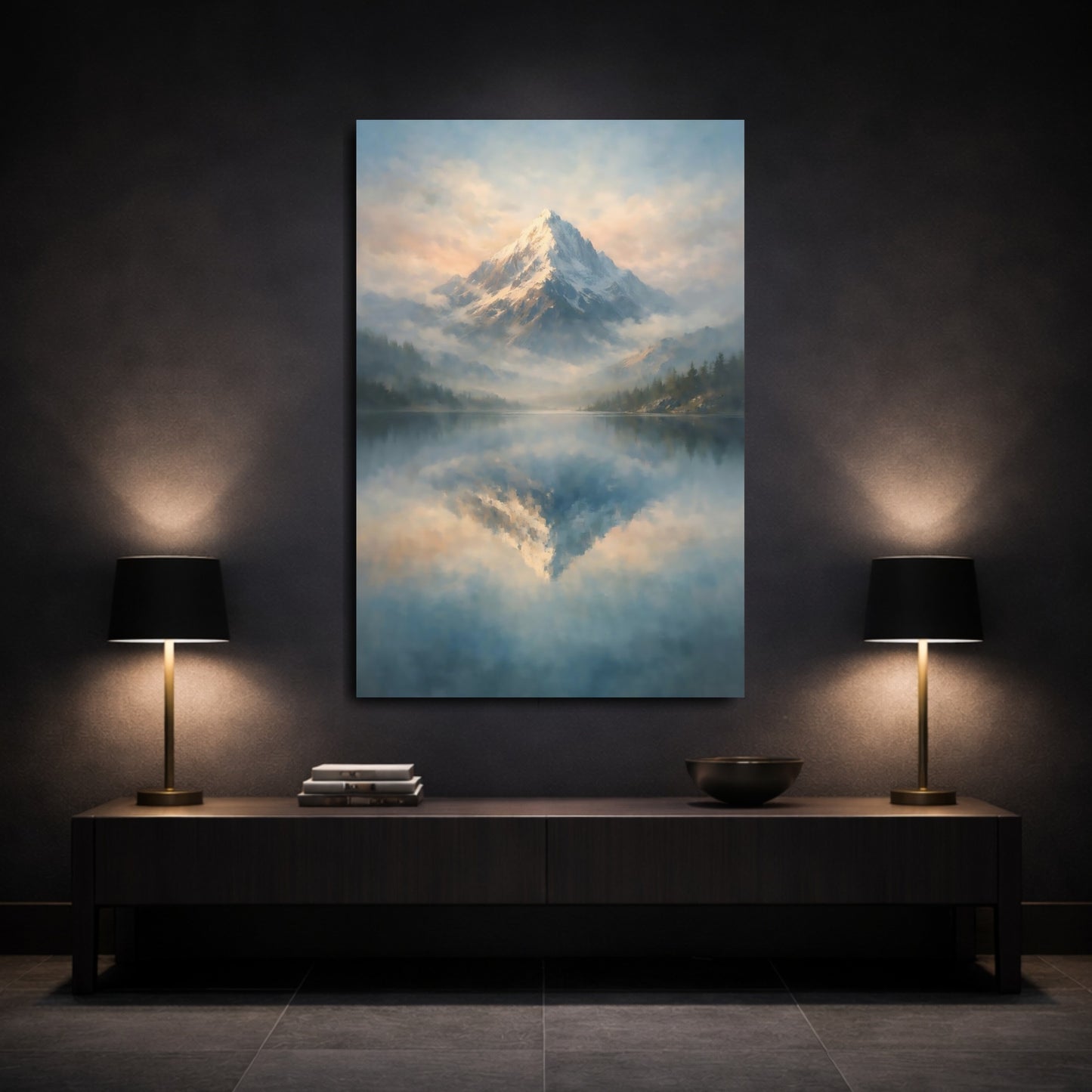 Mockup 2. Nature Snowy Mountain Blue And Gold Mountain shown as stretched canvas wall art