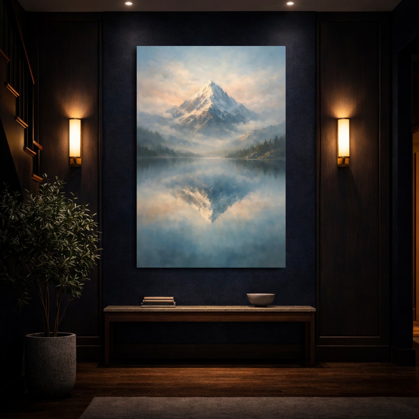 Mockup 3. Nature Snowy Mountain Blue And Gold Mountain shown as stretched canvas wall art