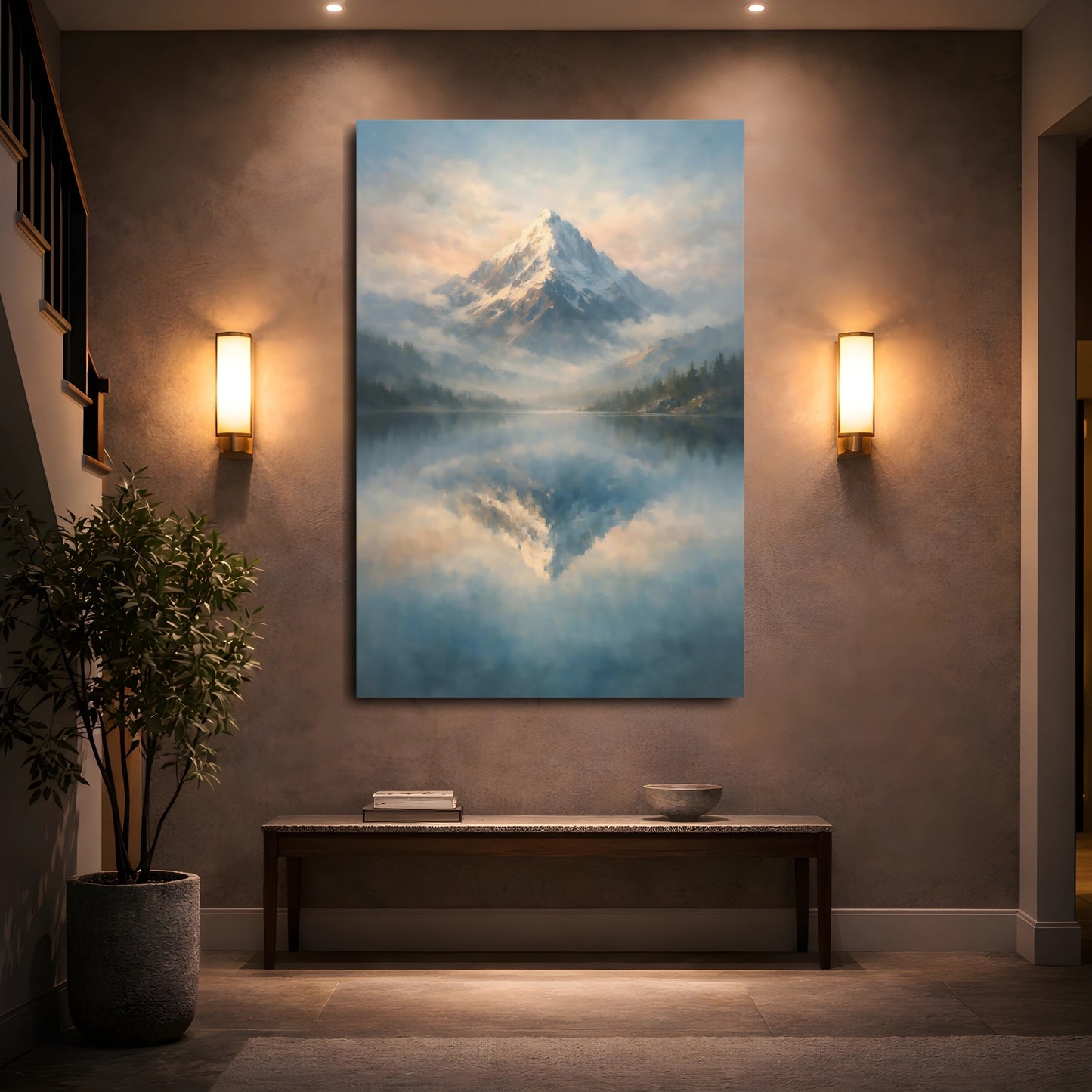 Mockup 4. Nature Snowy Mountain Blue And Gold Mountain shown as stretched canvas wall art
