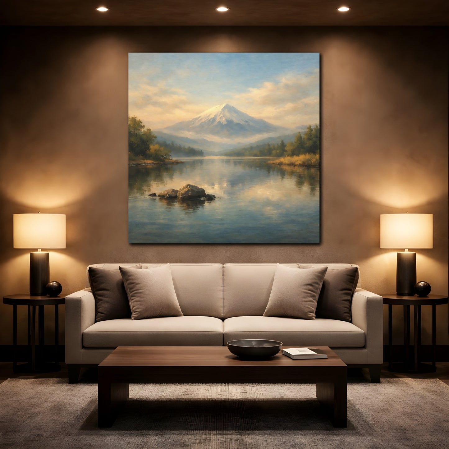 Mockup 2. Nature Snowy Mountain Blue And Gold shown as stretched canvas wall art