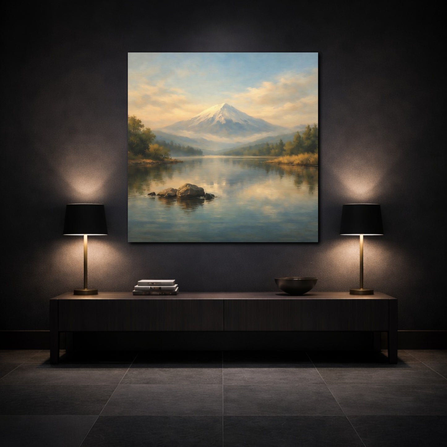 Mockup 3. Nature Snowy Mountain Blue And Gold shown as stretched canvas wall art
