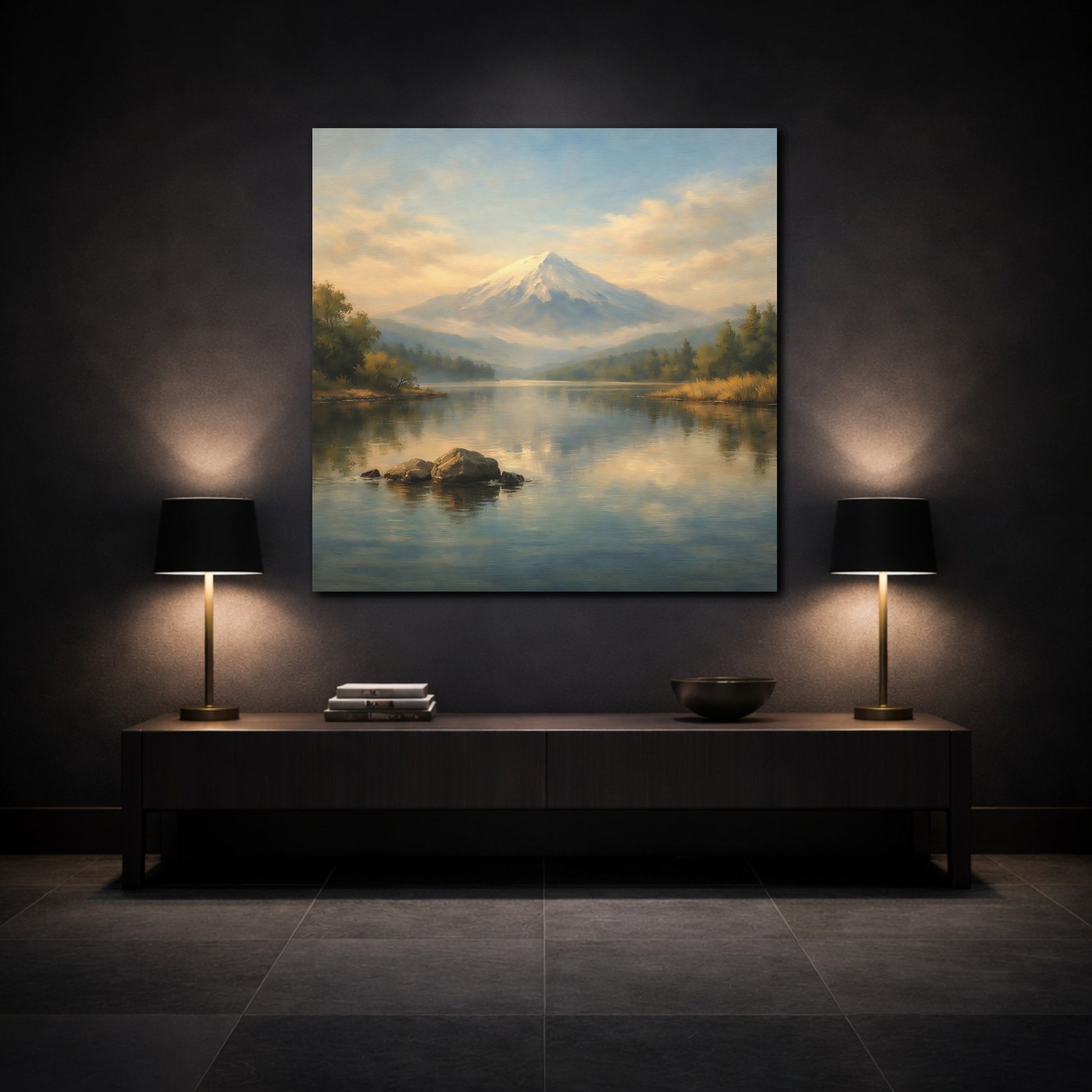 Mockup 3. Nature Snowy Mountain Blue And Gold shown as stretched canvas wall art