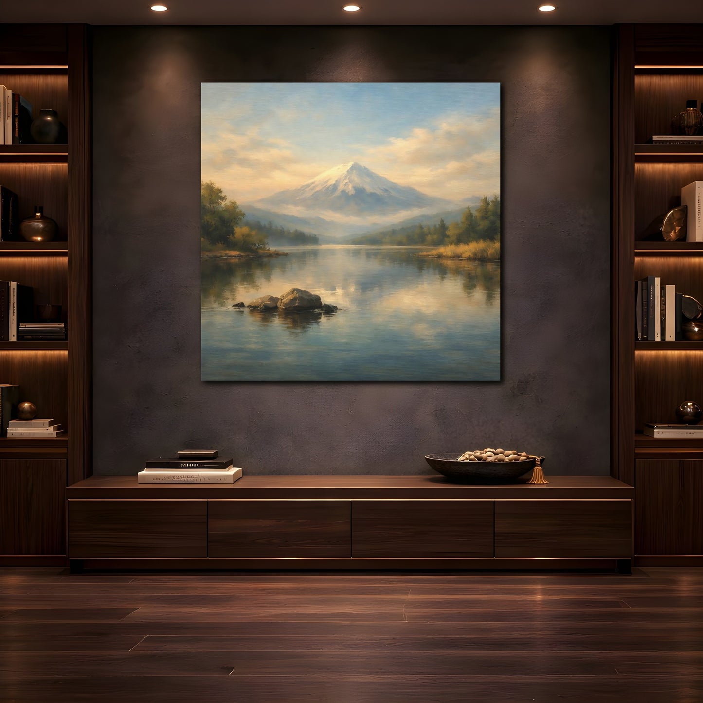Mockup 4. Nature Snowy Mountain Blue And Gold shown as stretched canvas wall art