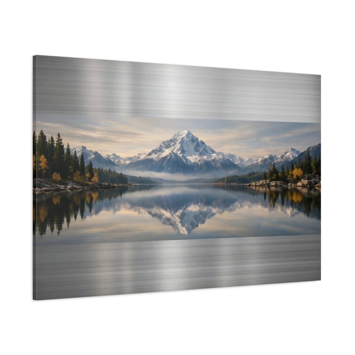 Main Mockup. Nature Snowy Mountain Blue And Green Landscape shown as stretched canvas wall art