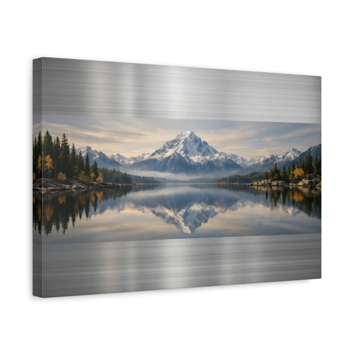 Side Mockup 4. Nature Snowy Mountain Blue And Green Landscape shown as stretched canvas wall art