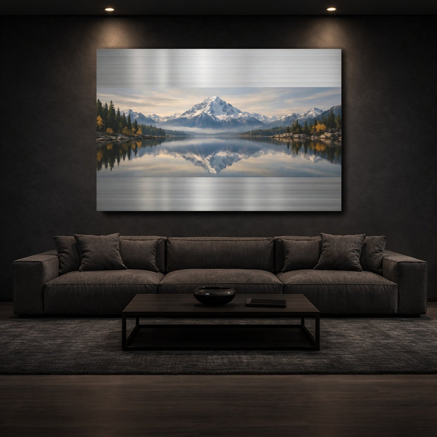 Mockup 2. Nature Snowy Mountain Blue And Green Landscape shown as stretched canvas wall art