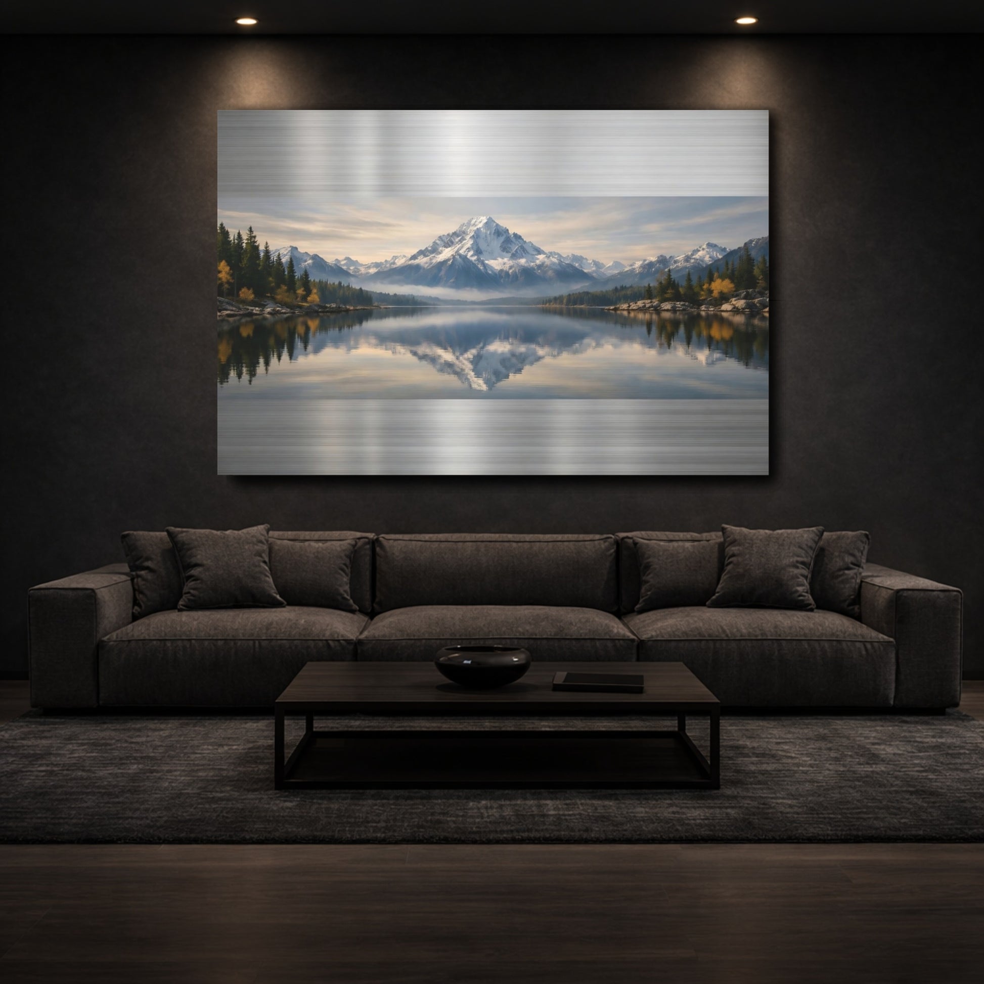 Mockup 2. Nature Snowy Mountain Blue And Green Landscape shown as stretched canvas wall art