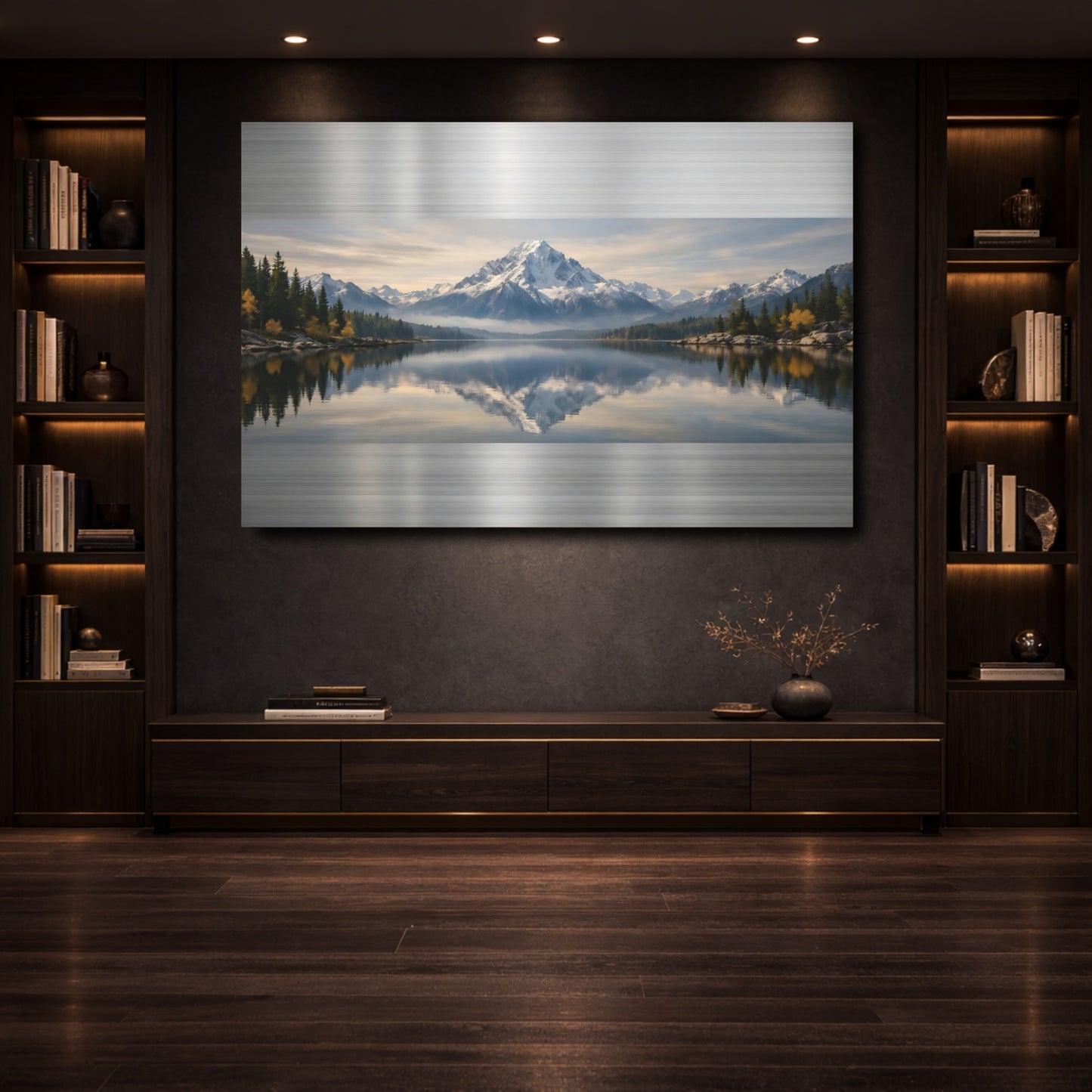 Mockup 3. Nature Snowy Mountain Blue And Green Landscape shown as stretched canvas wall art