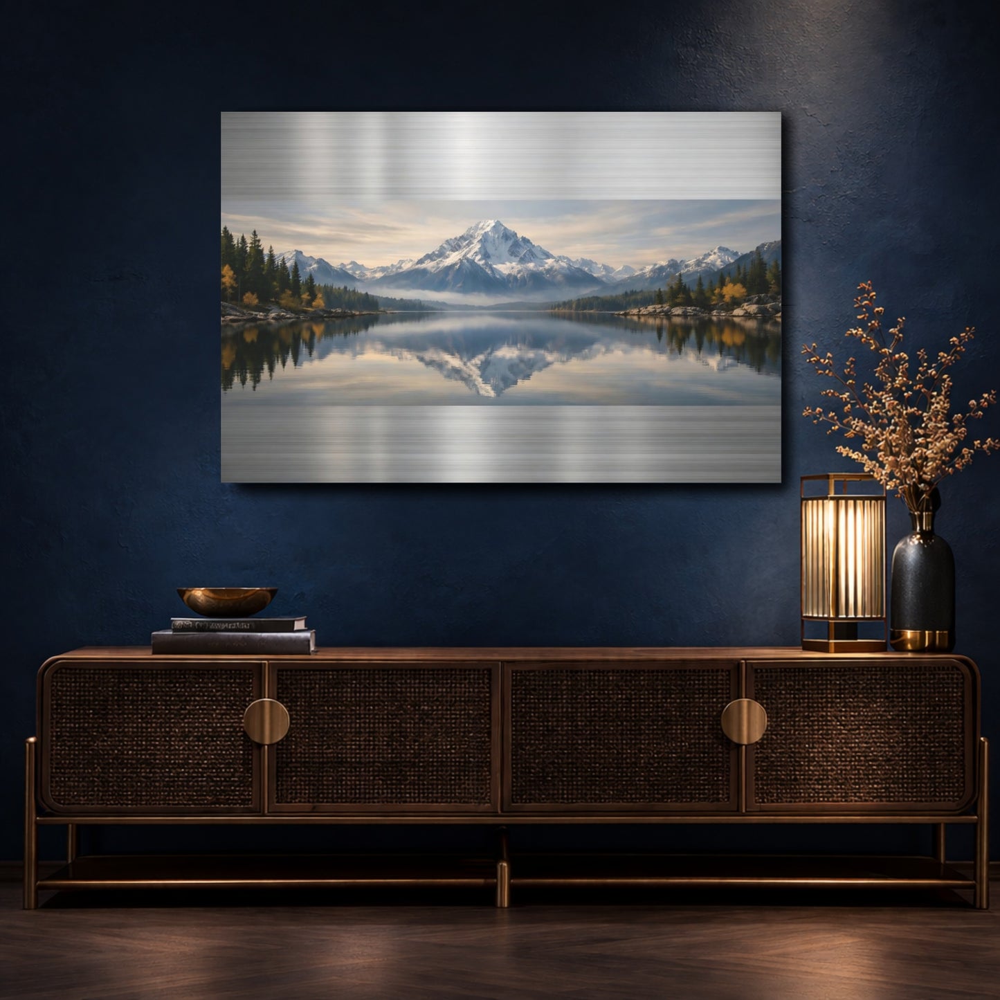 Mockup 4. Nature Snowy Mountain Blue And Green Landscape shown as stretched canvas wall art
