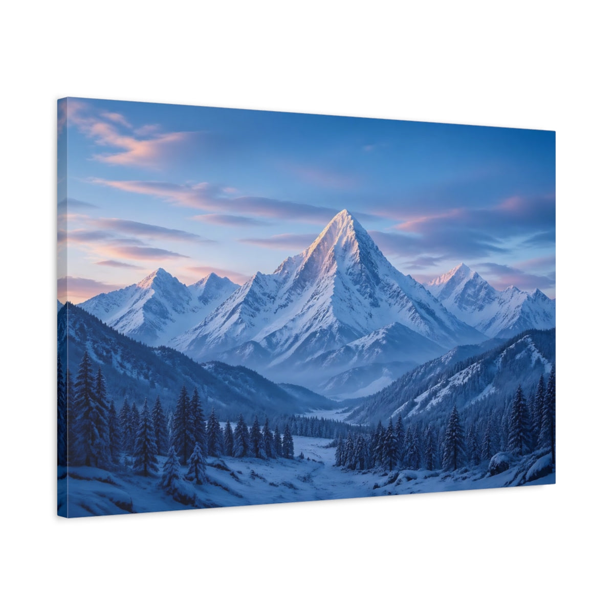 Side Mockup 2. Nature Snowy Mountain Blue And White Mountain shown as stretched canvas wall art