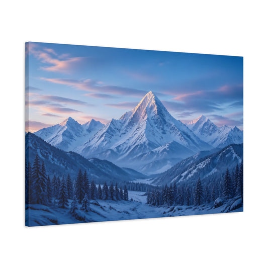 Main Mockup. Nature Snowy Mountain Blue And White Mountain shown as stretched canvas wall art