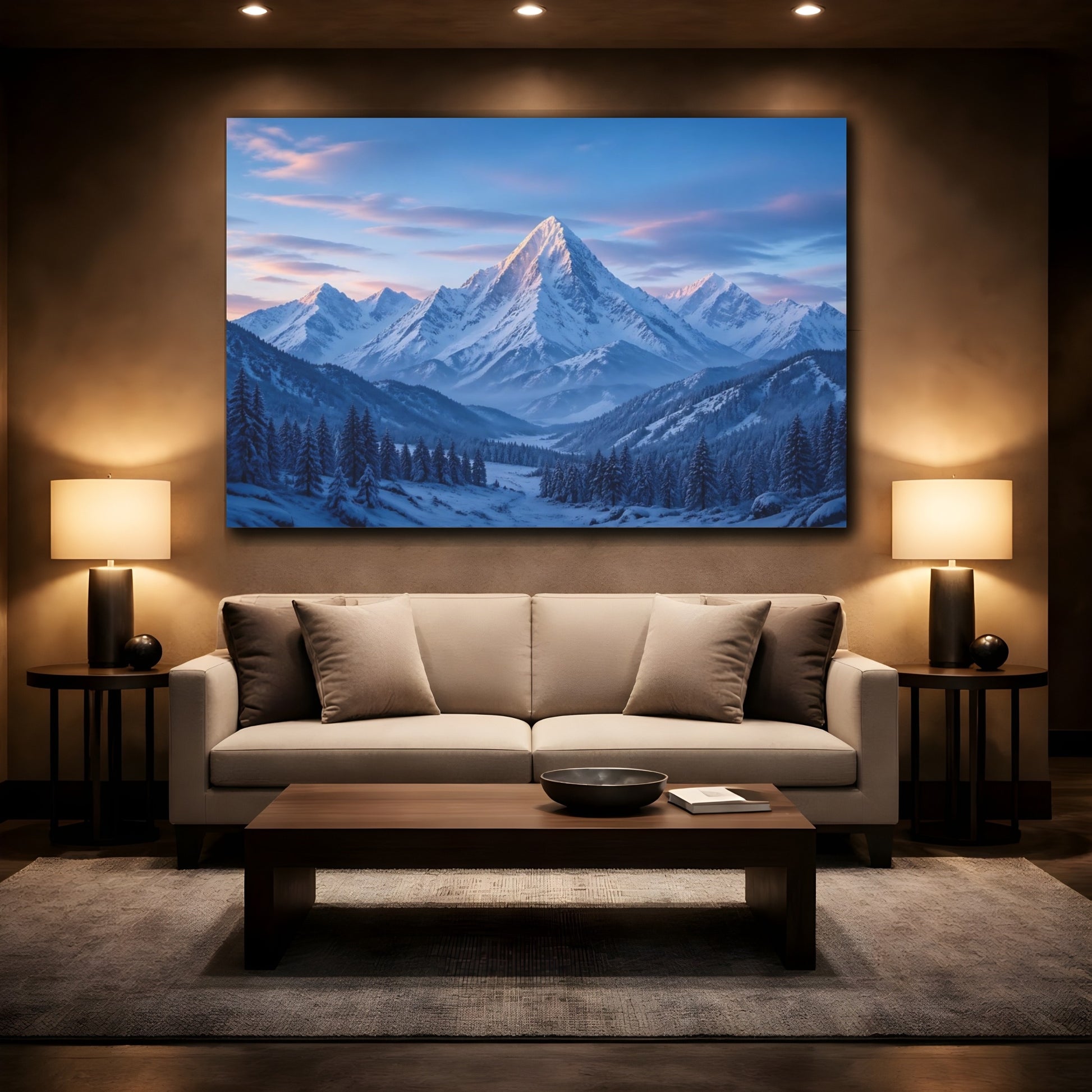 Mockup 2. Nature Snowy Mountain Blue And White Mountain shown as stretched canvas wall art