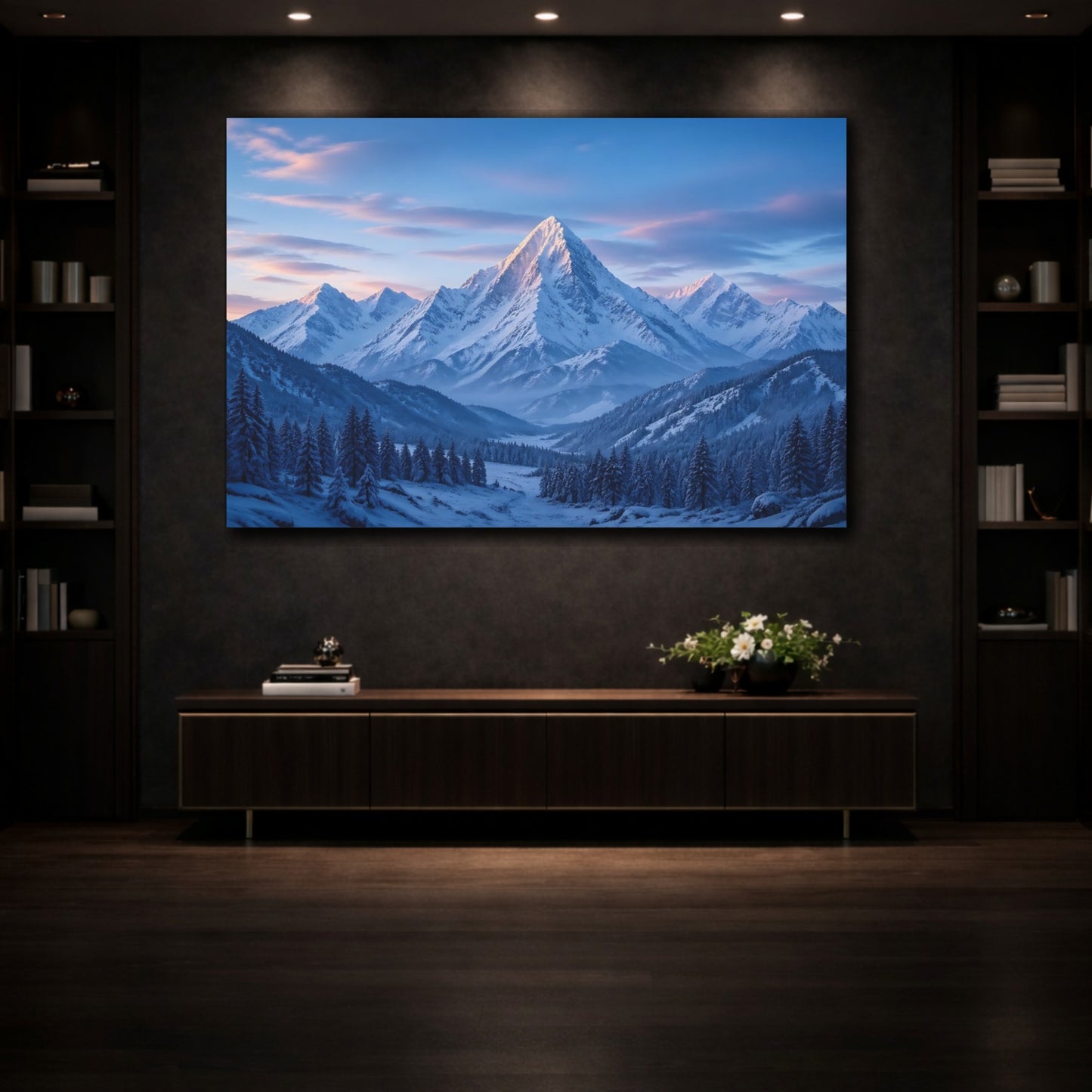 Mockup 3. Nature Snowy Mountain Blue And White Mountain shown as stretched canvas wall art