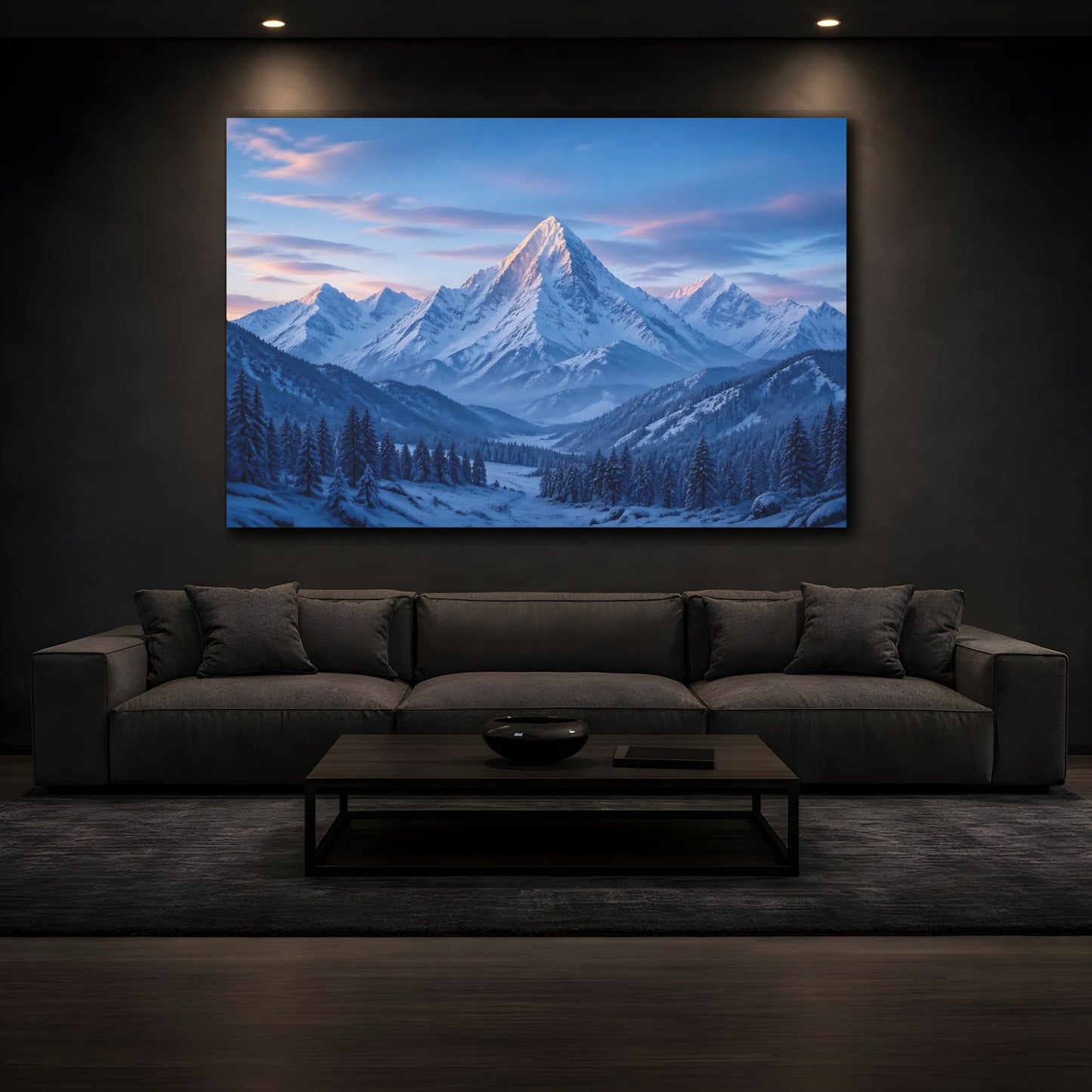 Mockup 4. Nature Snowy Mountain Blue And White Mountain shown as stretched canvas wall art