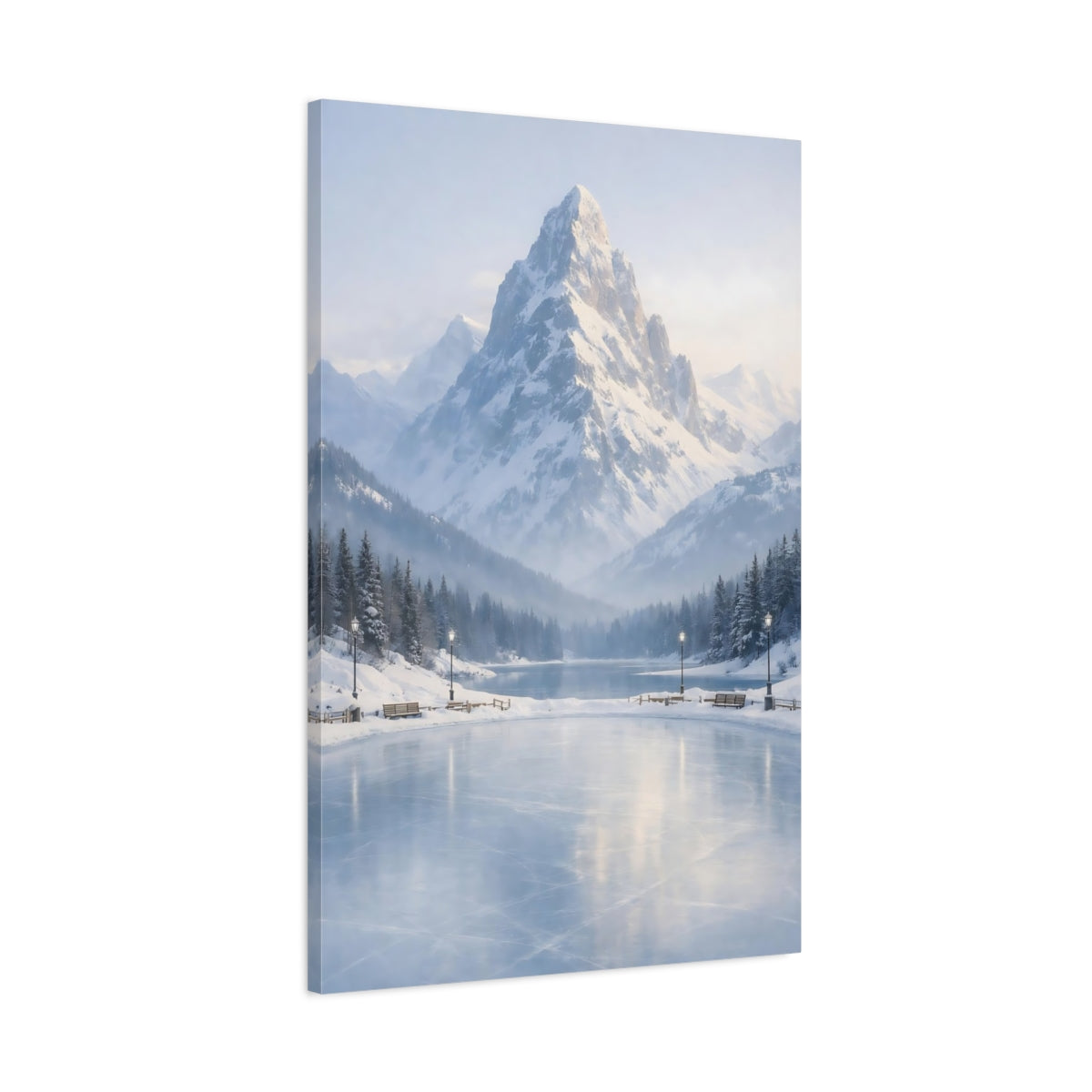 Side Mockup 1. Nature Snowy Mountain Snowy Blue Mountain shown as stretched canvas wall art