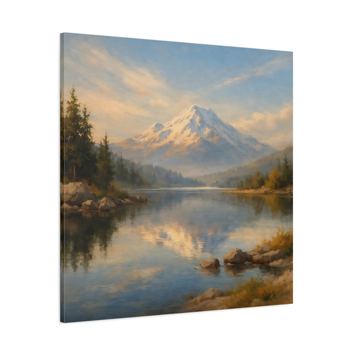 Main Mockup. Nature Snowy Mountain Blue Gold Landscape shown as stretched canvas wall art