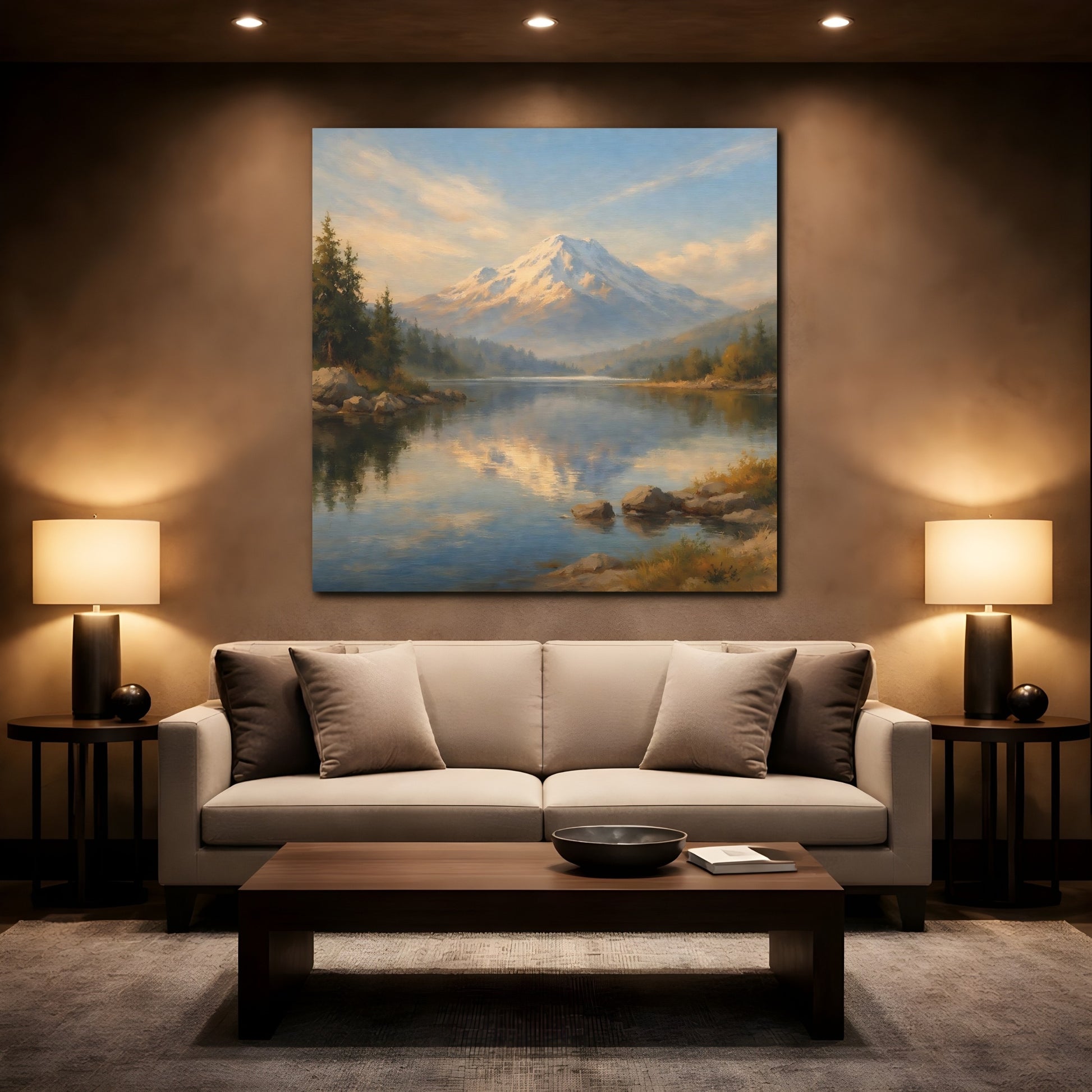 Mockup 2. Nature Snowy Mountain Blue Gold Landscape shown as stretched canvas wall art