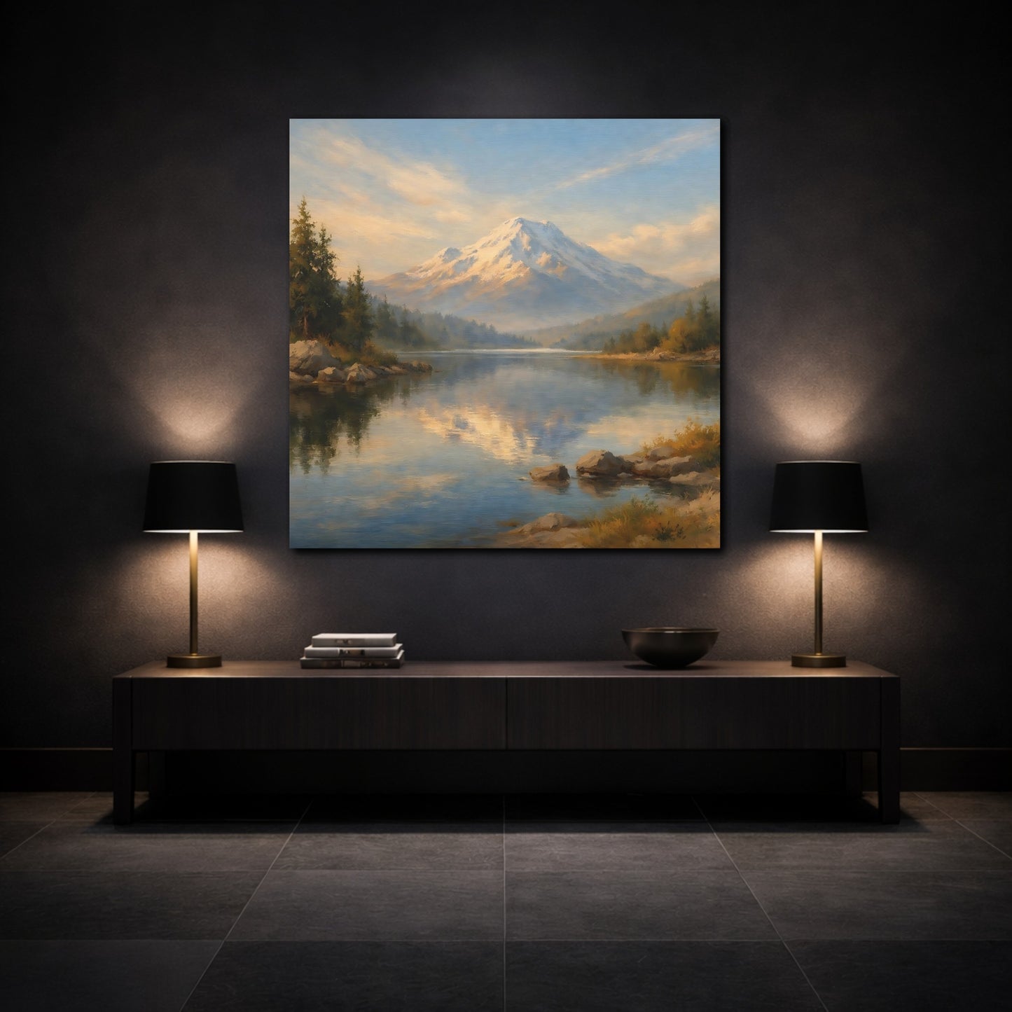 Mockup 3. Nature Snowy Mountain Blue Gold Landscape shown as stretched canvas wall art