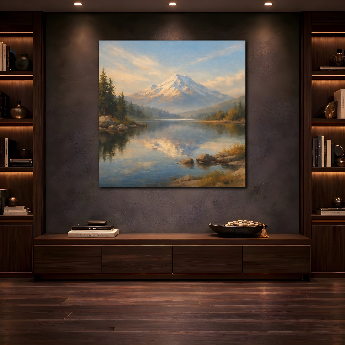 Mockup 4. Nature Snowy Mountain Blue Gold Landscape shown as stretched canvas wall art