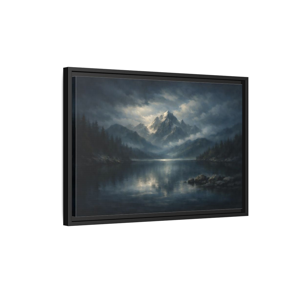 Side Mockup 3. Nature Snowy Mountain Blue Gray Mountain shown as stretched canvas wall art