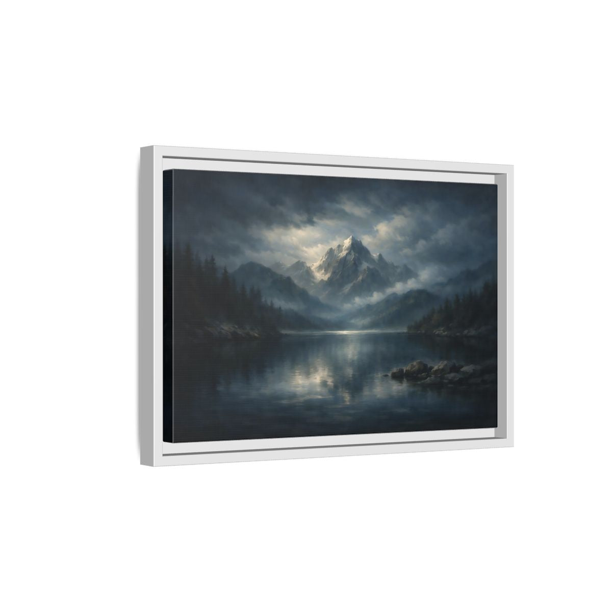 Side Mockup 4. Nature Snowy Mountain Blue Gray Mountain shown as stretched canvas wall art